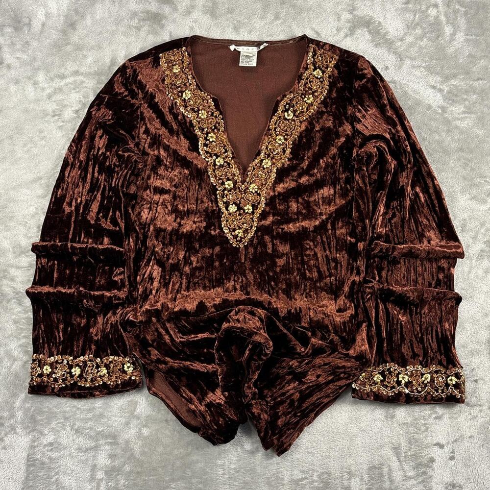 Vintage Page Brown Velvet Embellished V-neck Long-sleeve Top Size XS